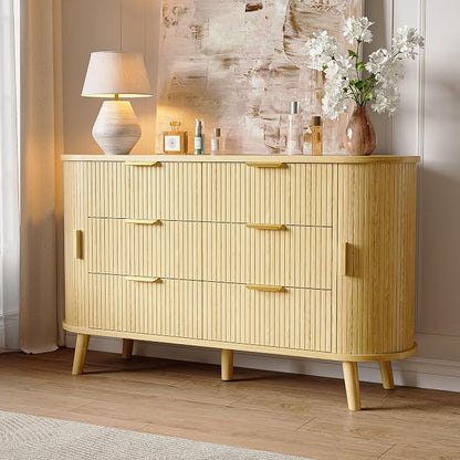 Fluted 6 Drawers Dresser, Curved Profile & Sturdy Legs, Wood TV Stand by Decofy