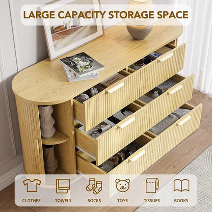 Fluted 6 Drawers Dresser, Curved Profile & Sturdy Legs, Wood TV Stand - Image 5