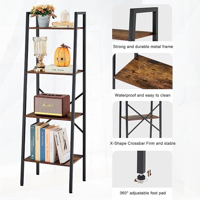 Hoctieon 4-Tier Industrial Ladder Bookshelf, Narrow Ladder Shelf, Tall Standing - Image 8