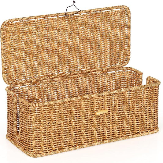 Cable Management Box, Handwoven Faux Rattan Cord Organizer by Tohiasen