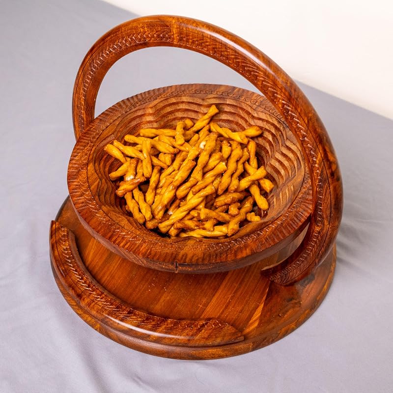 Handmade 12″ Collapsible Wooden Basket, Single Bowl Flower Design in Himalayan - Image 4