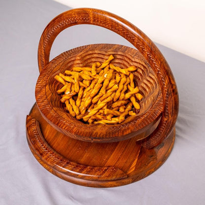 Handmade 12″ Collapsible Wooden Basket, Single Bowl Flower Design in Himalayan - Image 4