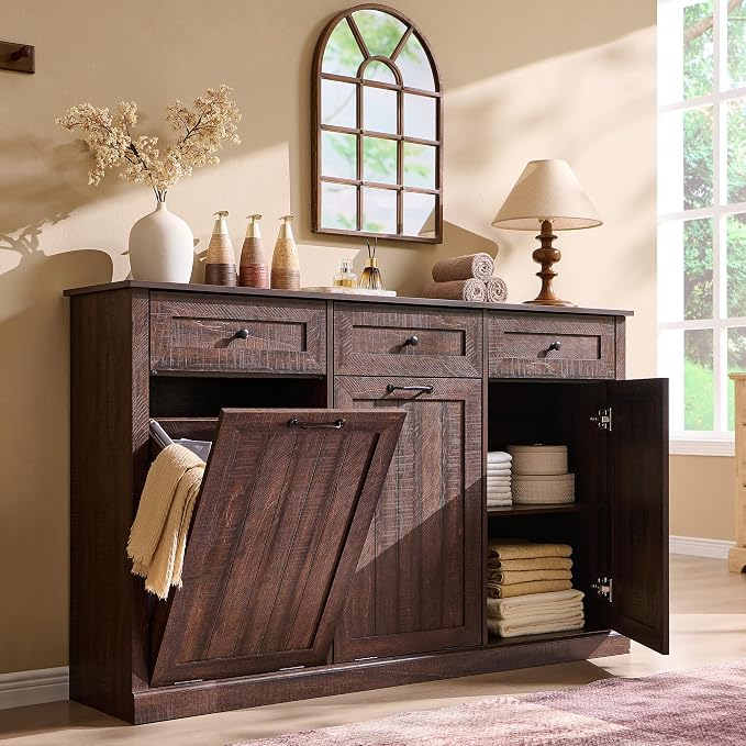 Triple Tilt Out Laundry Hamper Cabinet, 20 Gallon Farmhouse Trash Can Cabinet by IFBUYFarmhouseFurniture