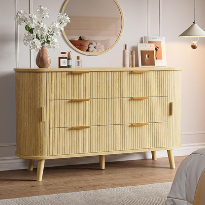 Fluted 6 Drawers Dresser, Curved Profile & Sturdy Legs, Wood TV Stand - Image 3