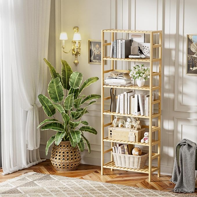 HITNET Bamboo Shelf, 6-Tier Adjustable Tall Open Bookcase, Bathroom Storage - Image 2