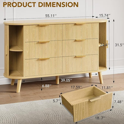 Fluted 6 Drawers Dresser, Curved Profile & Sturdy Legs, Wood TV Stand - Image 2