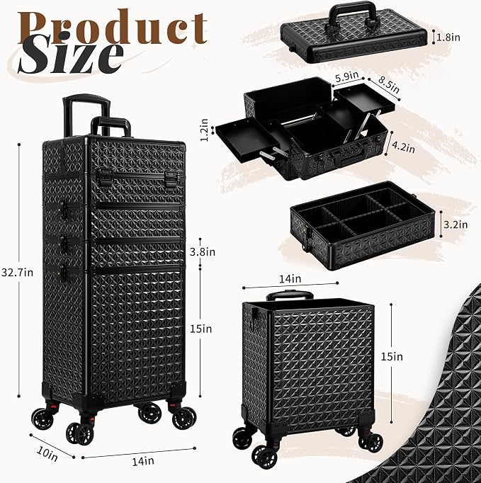 AROUS 5 in 1 Rolling Makeup Train Case Cosmetology Case on Wheels Large - Image 4