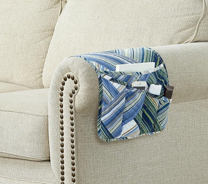 Brilliant Sunshine Teal Herringbone Patchwork Couch Armrest 5 Pockets Organizer - Image 2