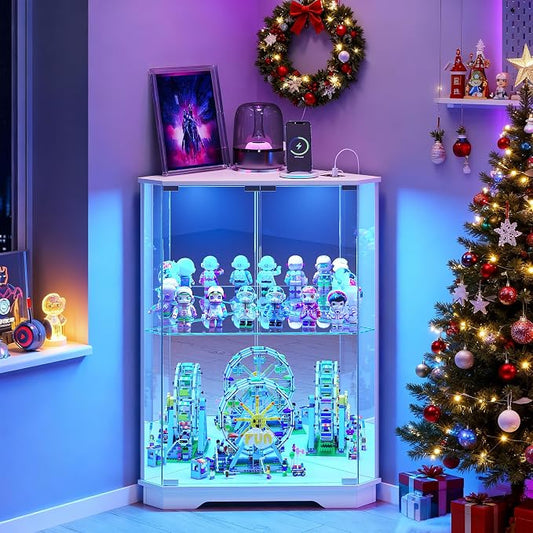 Corner Display Cabinet with Glass Doors, Small Display Case with 3-Color LED by CraftYourIdealHomeLife