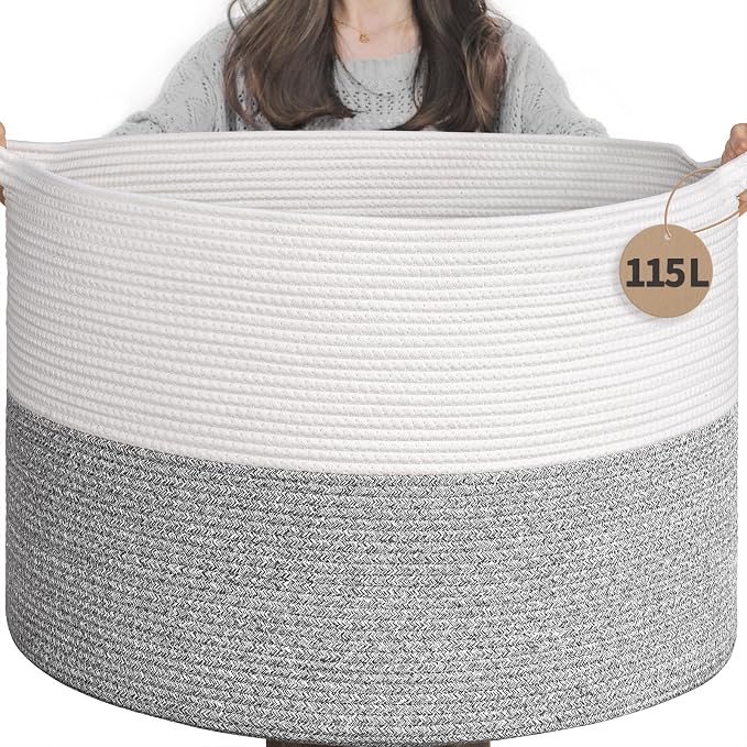 INDRESSME 115L Extra Large Blanket Basket, Soft Cotton Rope Storage Basket by INDRESSME