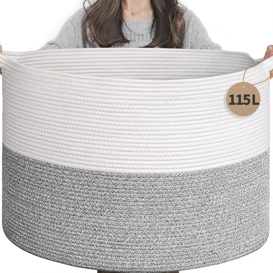 INDRESSME 115L Extra Large Blanket Basket, Soft Cotton Rope Storage Basket by INDRESSME