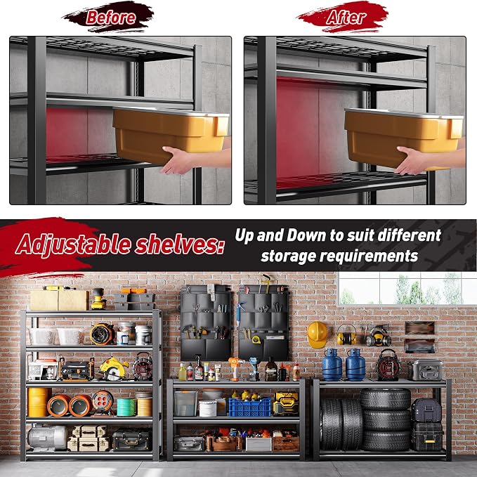 REIBII Storage Shelves, Heavy Duty Garage Shelving Load 2500LBS, 5-Tier Garage - Image 6