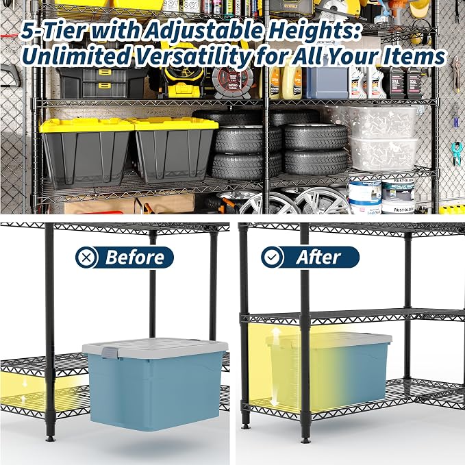 5-Tier Storage Shelving Unit Metal Shelves 59" W Wire Shelving, 70.5" H x 59" W - Image 8