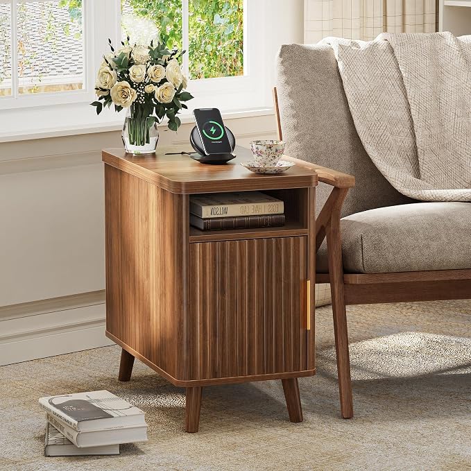 Huuger Narrow End Table with Charging Station, USB-C Port, Fluted Nightstand - Image 2
