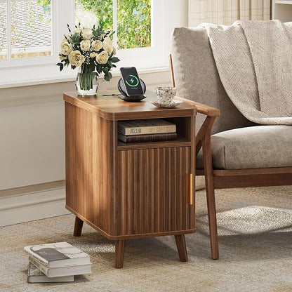 Huuger Narrow Nightstand with Charging Station, USB-C Port, Fluted End Table - Image 8