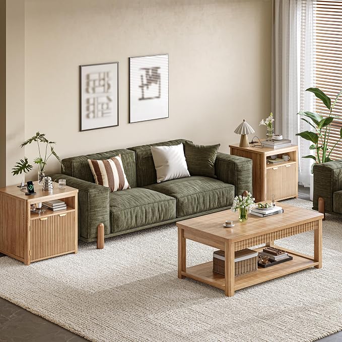 Fluted Nightstand with Charging Stations, 23.6" Wide Natural Oak Nightstand - Image 3