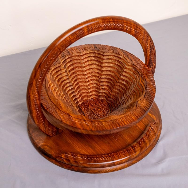 Handmade 12″ Collapsible Wooden Basket, Single Bowl Flower Design in Himalayan - Image 3