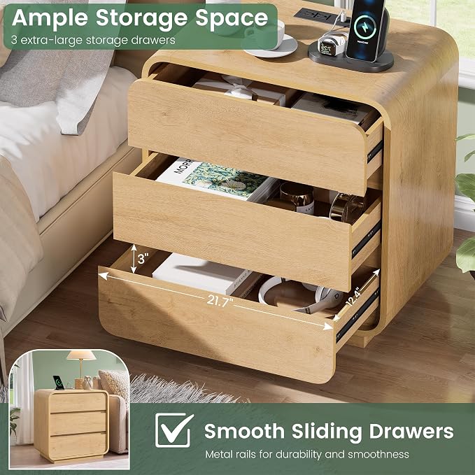 Modern Nightstand Set of 2, 23.2" Large Wood Night Stand - Image 5