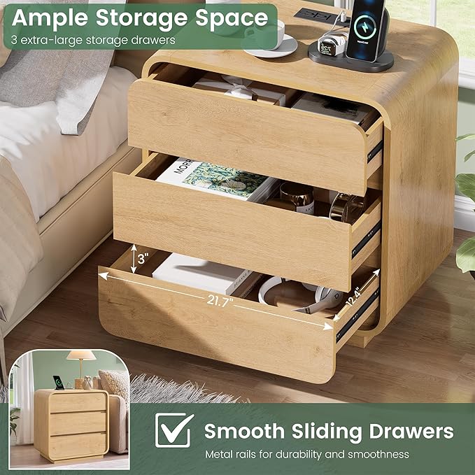 Natural Curved Nightstand Set of 2, 23.2" Large Wood Bedside Table - Image 5