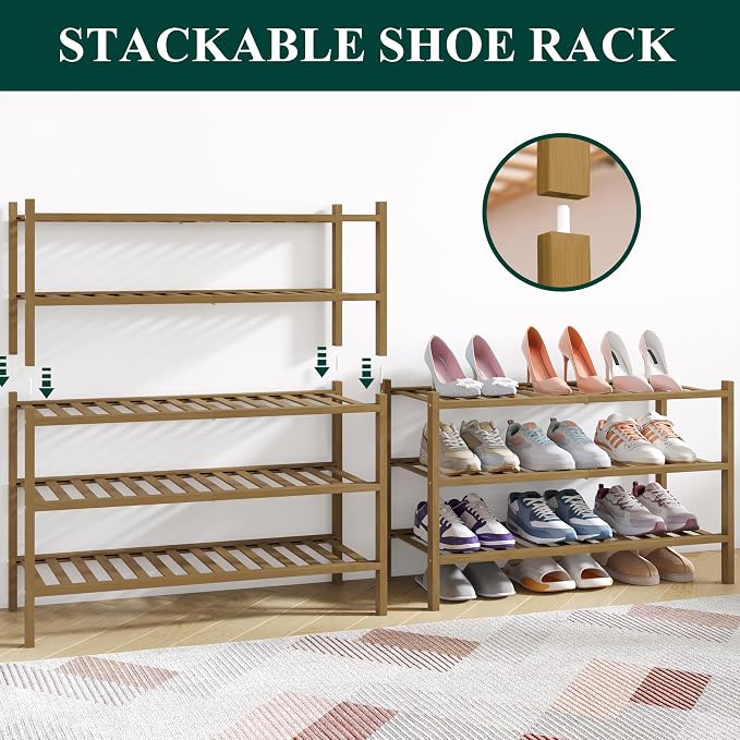 Smiry Bamboo Shoe Rack for Closet, 2 Tier Wooden Stackable Shoe Organizer - Image 4