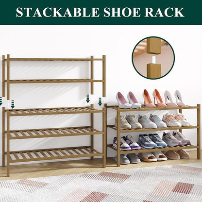 Smiry Bamboo Shoe Rack for Closet, 4 Tier Wooden Stackable Shoe Organizer - Image 4