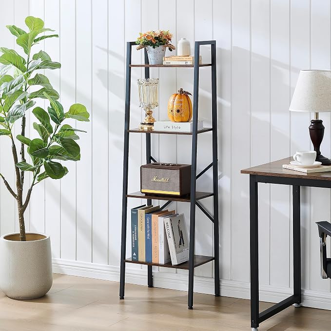 Hoctieon 4-Tier Industrial Ladder Bookshelf, Narrow Ladder Shelf, Tall Standing - Image 2
