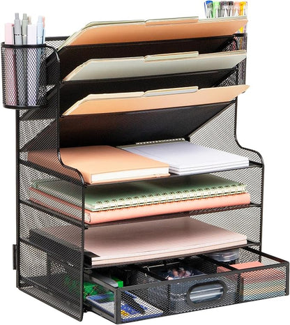 Mind Reader Mesh Desk Organizer, 6 Compartments, 1 Drawer, 2 Pen Cups, Office by MindReader