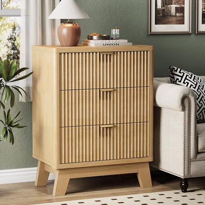 Fluted Nightstand with 3 Storage Drawers, Mid Century Modern Wooden Side Table - Image 3