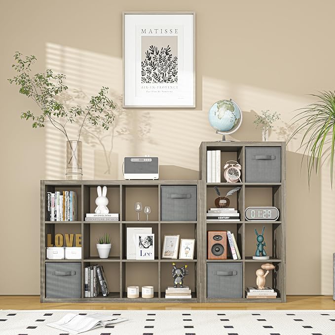 Bookshelf with Storage Bins, 9-Cube Storage Organizer Sturdy Wooden Bookcase - Image 2