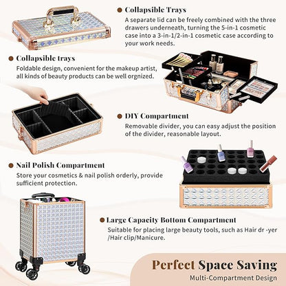AROUS 5 in 1 Rolling Makeup Train Case Cosmetology Case on Wheels Large - Image 8