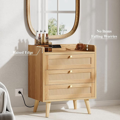 Rattan Night Stand with Charging Station, End Tables with 3 Drawer Dresser - Image 4
