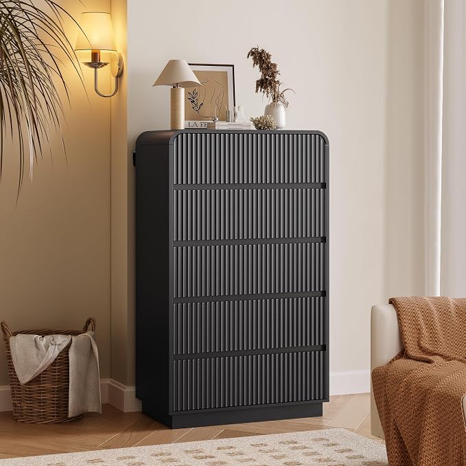 Tall Dresser for Bedroom with 5 Drawers, Fluted Chest of Drawers with Round by BORNOON