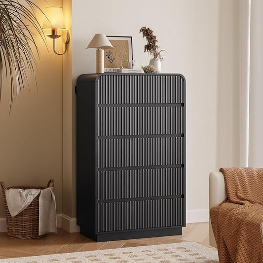 Tall Dresser for Bedroom with 5 Drawers, Fluted Chest of Drawers with Round by BORNOON