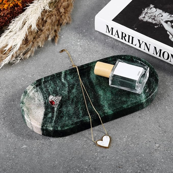 Koville Green Marble Tray for Bathroom Countertop, Stone Jewelry Dish Candle - Image 5