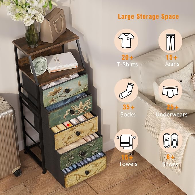Tohomeor Nightstand with Fabric Drawers Dresser with 2 Tier Shelf Storage Tower - Image 4