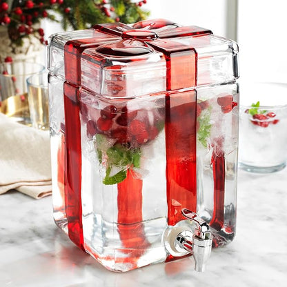 Gift Box Drink dispenser with Red Ribbon Design, Glass Beverage Dispenser by MosJos