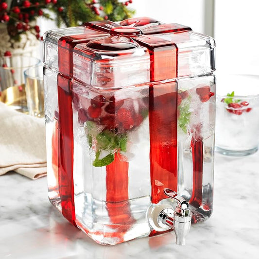 Gift Box Drink dispenser with Red Ribbon Design, Glass Beverage Dispenser by MosJos