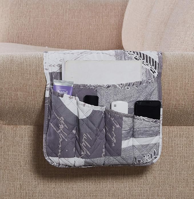 Brilliant Sunshine Grey Heart Love Patchwork Couch Armrest 5 Pockets Organizer - Image 2