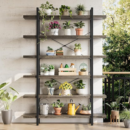 Heavy Duty 6-Tier Industrial Bookcase, 120lbs Shelf Capacity, Rustic Open - Image 5