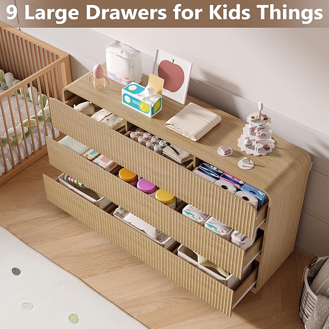 Dresser for Bedroom with 9 Drawers, Fluted Chest of Drawers with Round Curved - Image 3