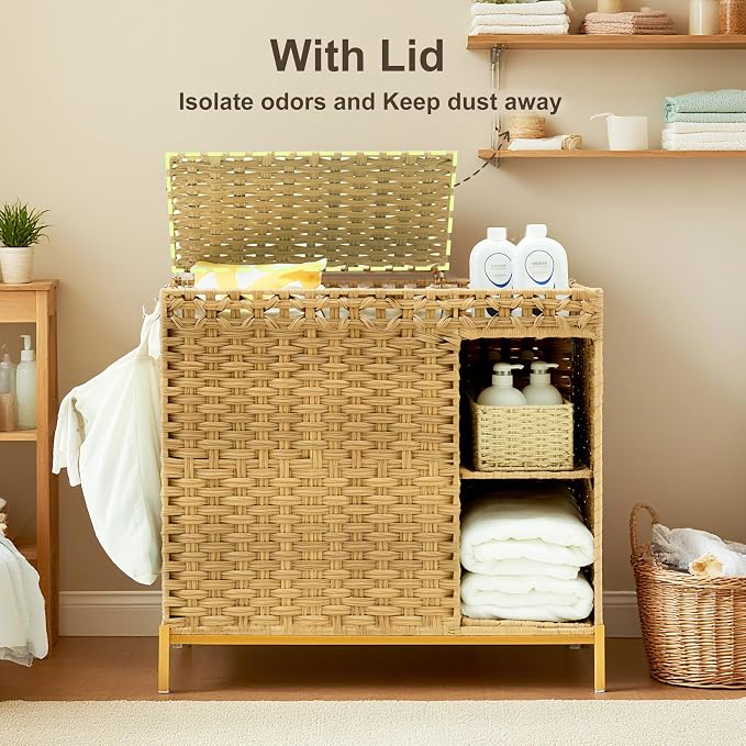 Laundry Hamper with Lid, 110L Rattan Laundry Hamper 2 Section with 50L Storage - Image 2