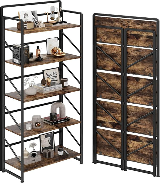 JSB Folding Bookshelf, Industrial Storage Shelves, No Assembly Vintage Wood by HomeFurniture