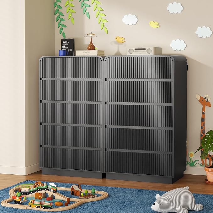 Tall Dresser for Bedroom with 5 Drawers, Fluted Chest of Drawers with Round - Image 6