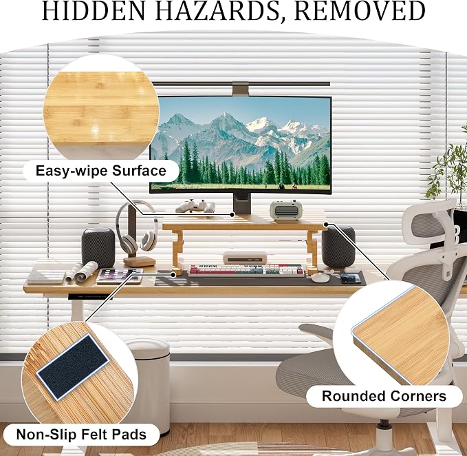 Bamboo Monitor Stand Riser for Desk, Height Adjustable Computer Riser & Laptop - Image 4