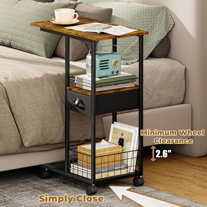 C Shaped Sofa Side Table with Wheels, Rolling Small Coffee Table with Drawer - Image 7