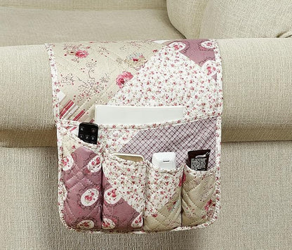 Brilliant Sunshine Pink Rosette and Stripes Patchwork Couch Armrest 5 Pockets by BrilliantSunshine