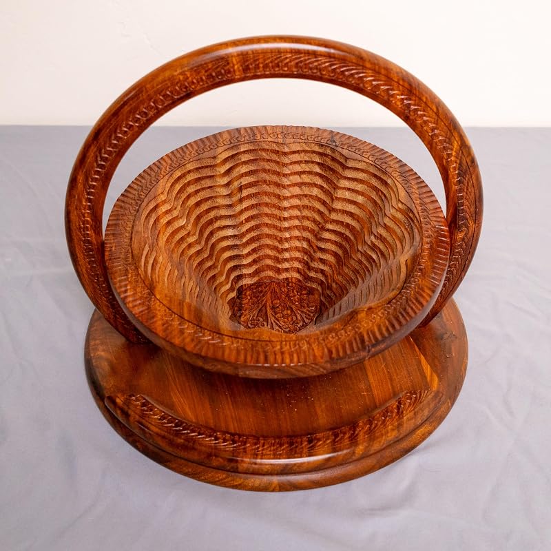 Handmade 12″ Collapsible Wooden Basket, Single Bowl Flower Design in Himalayan - Image 2