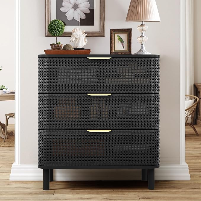 ORRD 3 Drawer Dresser, Modern Iron Rattan Cabinet Dresser - Image 3
