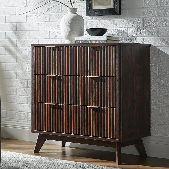 T4TREAM Fluted 3 Drawer Dresser, Curved Profile Design, Wood Drawer Organizer by T4TREAMFurniture