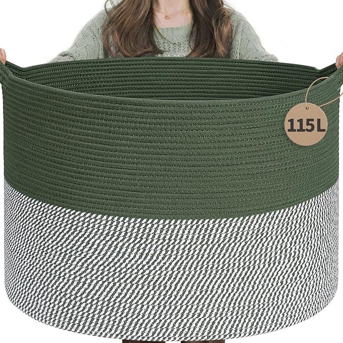 INDRESSME 115L Extra Large Cotton Rope Blanket Basket, Home Decor Laundry by INDRESSME